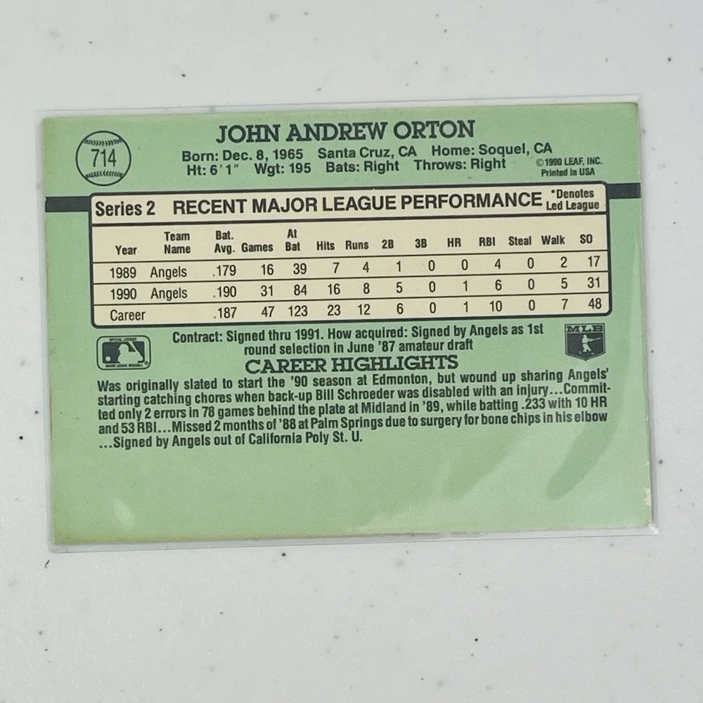 1991 Donruss 714 John Orton California Angels Baseball Trading Card